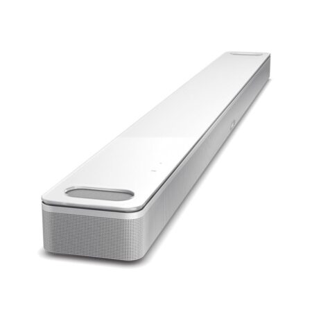 Bose Smart Ultra Soundbar Dolby Atmos Weiß mit eleganter Glasoberfläche auf einem modernen TV-Möbel.