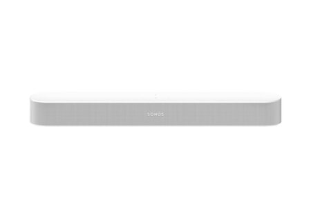 Die sonos beam gen2 weiß intelligente Soundbar elegant platziert unter einem Flachbildfernseher.