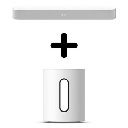 Die sonos beam gen2 weiß kombiniert mit einem weißen Subwoofer für intensiven Heimkino-Sound.
