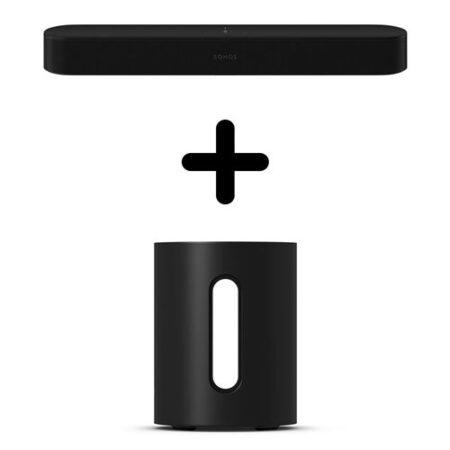 Die sonos beam gen2 schwarz kombiniert mit einem schwarzen Subwoofer für intensiven Heimkino-Sound.