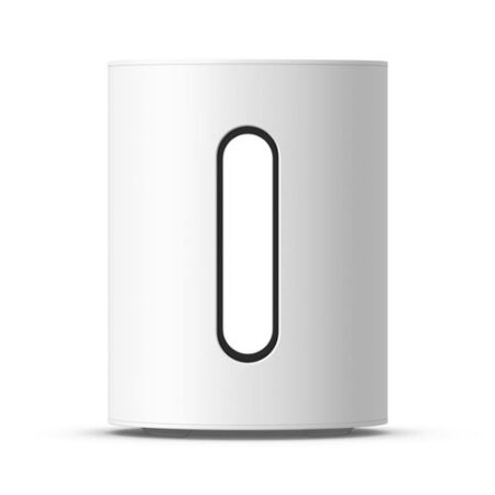 Der kompakte sonos sub mini weiß steht elegant auf einem modernen Fußboden im Wohnbereich.