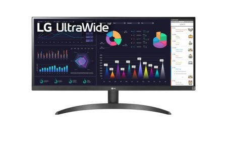 Ein schwarzer LG 29WQ60A-B monitor für effizientes arbeiten zeigt zwei geöffnete Anwendungsfenster auf einem Schreibtisch.