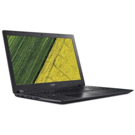 Ein kompakter schwarzer Acer Aspire 1 Laptop mit geöffnetem 14 Zoll Display auf einem modernen Arbeitstisch.