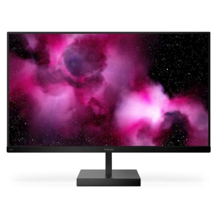 Ein extrem schlanker schwarzer philips c-line 276c8 Monitor zeigt ein farbenfrohes Design.