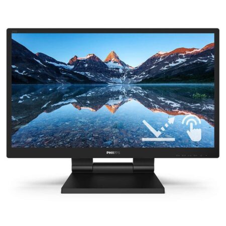 Ein schwarzer Philips 242B9TL Touchscreen Monitor auf einem stabilen Standfuß zeigt ein scharfes Full HD Bild