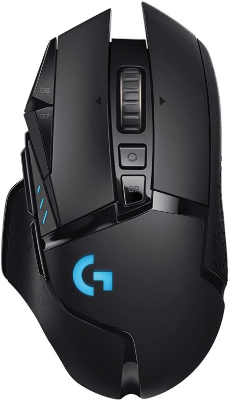 Logitech G502 LIGHTSPEED kabellose Gaming-Maus in Schwarz mit HERO 25K Sensor und RGB-Beleuchtung auf einem Gaming-Schreibtisch