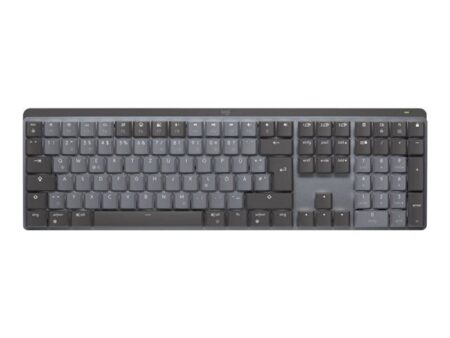 Die elegante graue Logitech MX Mechanical mechanische tastatur mit leuchtenden Tasten auf einem dunklen Schreibtisch.