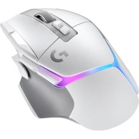 Logitech G502 X PLUS kabellose Gaming-Maus in Weiß mit RGB-Beleuchtung und 11 Tasten auf einem weißen Gaming-Setup-Schreibtisch