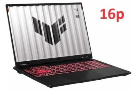 Gaming Laptop asus tuf gaming a16 fa608wi-qt012w mit 180-Grad-Scharnier, AMD Leistung und RTX Grafik auf dunklem Hintergrund