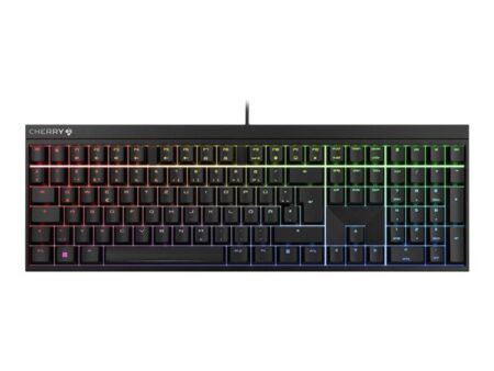 Die schwarze Cherry MX 2.0S mechanische Tastatur mit leuchtender RGB-Hintergrundbeleuchtung im deutschen QWERTZ-Layout.