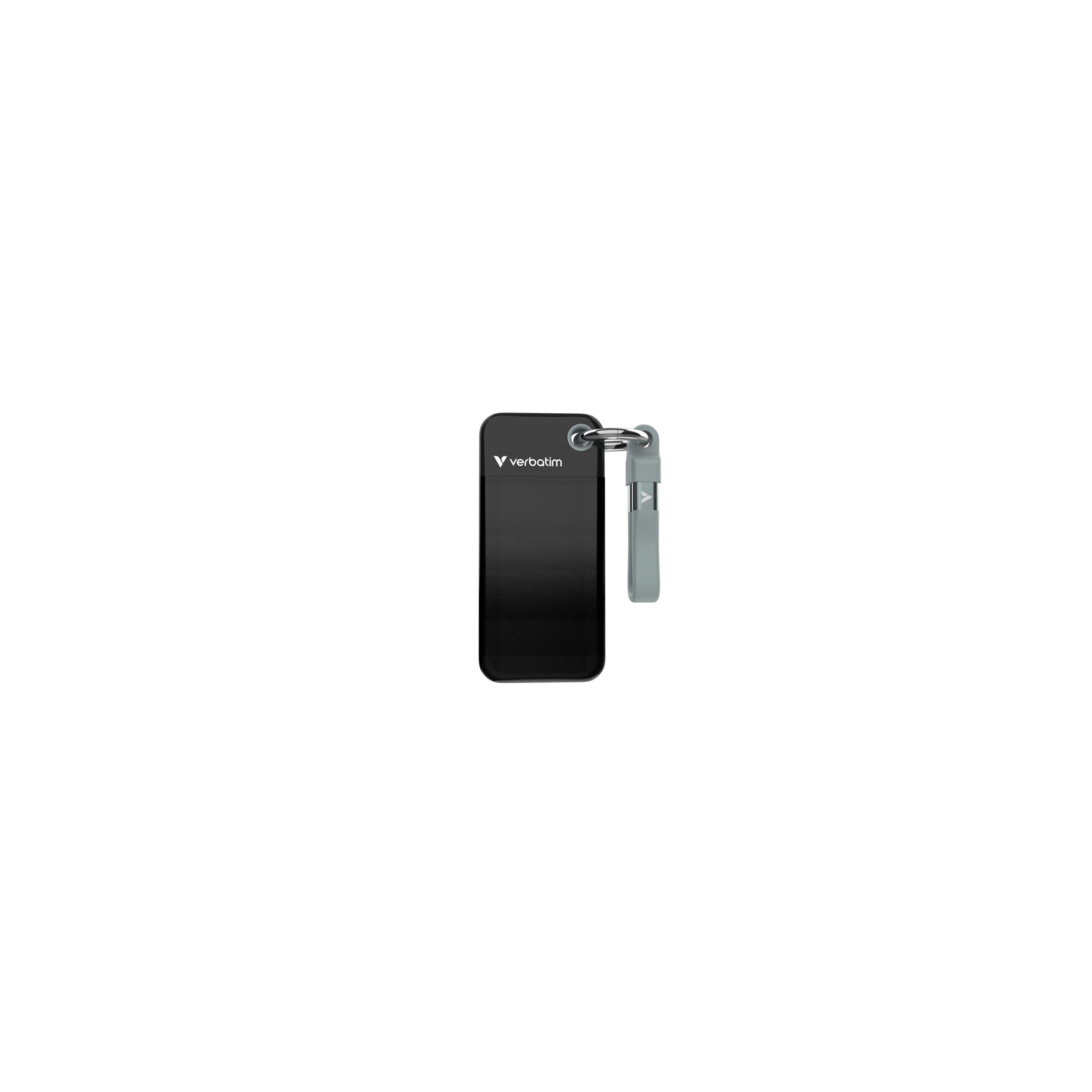 Eine kompakte Verbatim Pocket 1TB externe ssd im M.2 Format als Schlüsselanhänger mit Kabel.