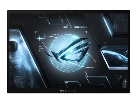 Das innovative asus rog flow z13 Tablet mit ausgeklapptem Standfuß und beleuchteter Tastatur auf einem modernen Schreibtisch.