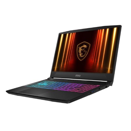 Ein leistungsstarker schwarzer msi katana 15 hx Gaming-Laptop mit leuchtender RGB-Tastatur und Windows 11 Pro Desktop-Hintergrund.