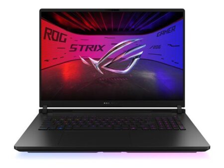 Ein großer ASUS ROG Strix SCAR 18 gaming pc Laptop mit 18-Zoll-Display und leuchtender RGB-Leiste.