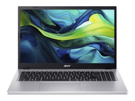 Ein leistungsstarker grauer Acer Aspire Go 15 Laptop mit geöffnetem Display und Windows 11 Oberfläche auf einem modernen Schreibtisch.
