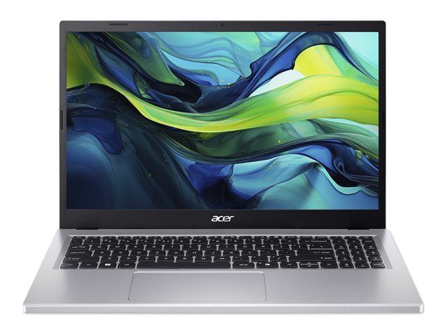 Ein leistungsstarker grauer Acer Aspire Go 15 Laptop mit geöffnetem Display und Windows 11 Oberfläche auf einem modernen Schreibtisch.