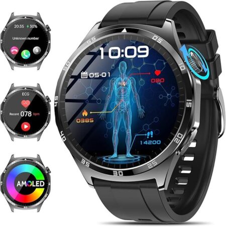 Eine elegante schwarze smartwatch für herren zeigt die aktuelle EKG und HRV Messung auf dem Display.