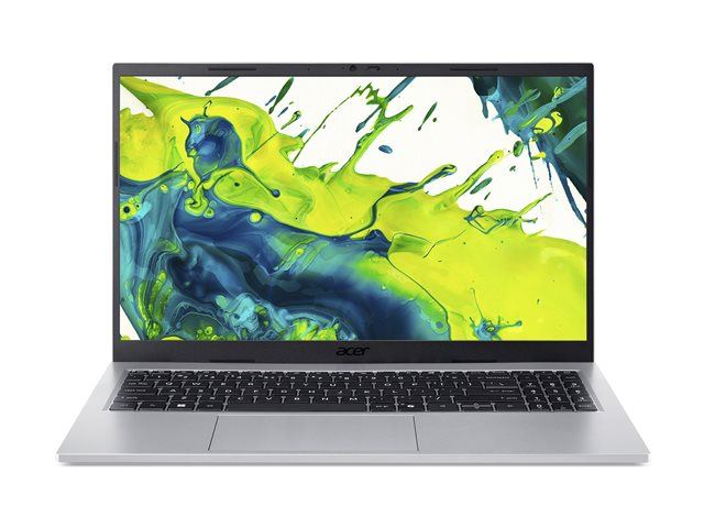 Ein moderner grauer Acer Aspire Go 15 Laptop mit geöffnetem Display und einer professionellen Windows 11 Benutzeroberfläche auf einem Schreibtisch.