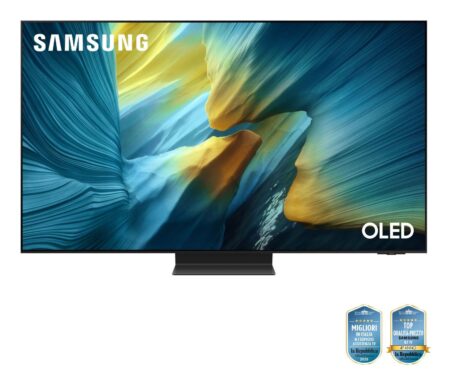 Ein eleganter Samsung OLED TV Modell TQ65S95F mit ultraflachem Design im Wohnzimmer.