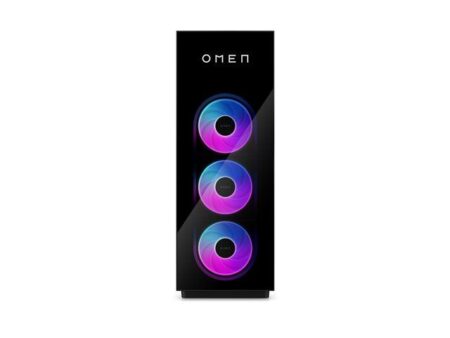 Ein schwarzer OMEN MAX 45L gaming pc mit beleuchteter Cryo Chamber und sichtbarem AMD Ryzen 9 High-End-Prozessor.