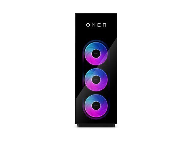Ein schwarzer OMEN MAX 45L gaming pc mit beleuchteter Cryo Chamber und sichtbarem AMD Ryzen 9 High-End-Prozessor.
