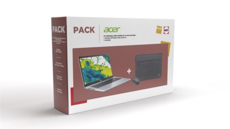 Ein moderner anthrazitfarbener acer aspire go 15 Laptop mit geöffnetem Display und einer übersichtlichen Desktop-Oberfläche auf einem Schreibtisch.