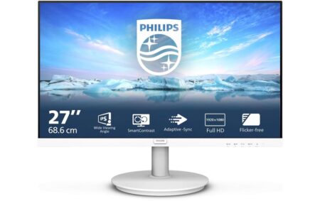 Ein eleganter weißer philips v-line 271v8aw Monitor auf einem hellen Schreibtisch.