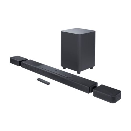 Jbl bar 1300 dolby atmos 11.1.4 soundbar kraftvoll mit abnehmbaren Lautsprechern und kabellosem Subwoofer im modernen Wohnzimmer setup