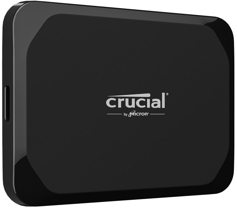 Eine elegante schwarze Crucial X9 1TB externe ssd mit kompaktem Gehäuse und USB-C Anschluss.
