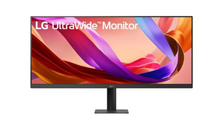 Ein breiter schwarzer lg ultrawide 34u511a-b Monitor mit 21:9 Anzeige auf einem Schreibtisch.