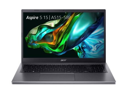 Ein eleganter grauer acer aspire 5 15 Laptop mit geöffnetem Display und einer professionellen Benutzeroberfläche auf einem modernen Schreibtisch.