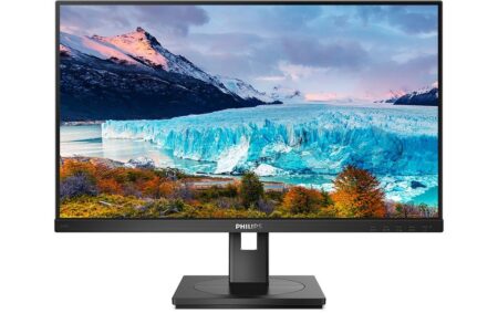 Ein schwarzer philips s-line 243s1 Monitor mit ergonomischem Standfuß zeigt eine Tabelle.