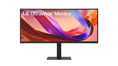 Ein schwarzer gebogener lg ultrawide 34u650a-b Monitor mit 21:9 Anzeige auf einem modernen Schreibtisch.