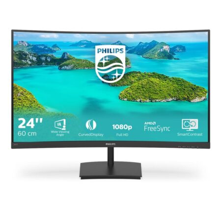 Ein gewölbter schwarzer philips e-line 241e1sca Monitor auf einem Schreibtisch.
