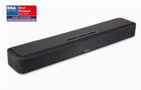 Kabellose bluetooth soundbar denon home sound bar 550 in Schwarz auf einem TV-Möbel mit modernem Design und kompakter Bauform