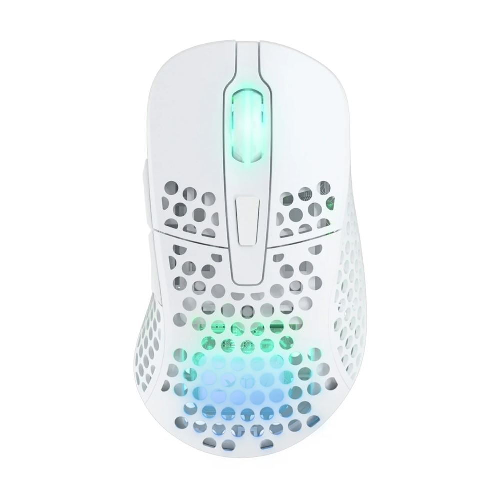 Die weiße Cherry XTRFY M4 Wireless Gaming Maus mit aktiver RGB-Beleuchtung und ergonomischem Lochdesign.