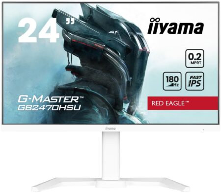 Ein eleganter weißer iiyama g-master gb2470hsu-w6 Gaming-Monitor mit schmalem Rahmen auf einem weißen Standfuß.