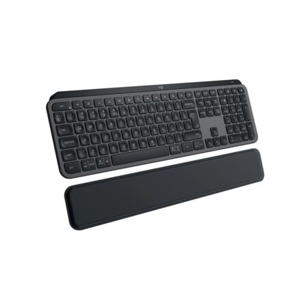 Die elegante graphitgraue Logitech MX Keys S kabellose tastatur mit QWERTY-Layout auf einem modernen Schreibtisch.
