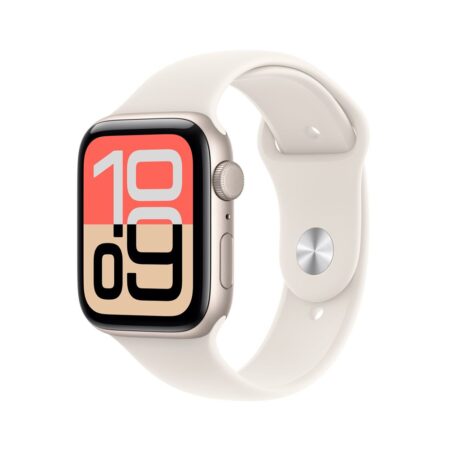 Die elegante apple watch se 3 im hellen polarsternfarbenen Aluminiumgehäuse liegt mit geschlossenem Sportband auf einem modernen Holztisch.