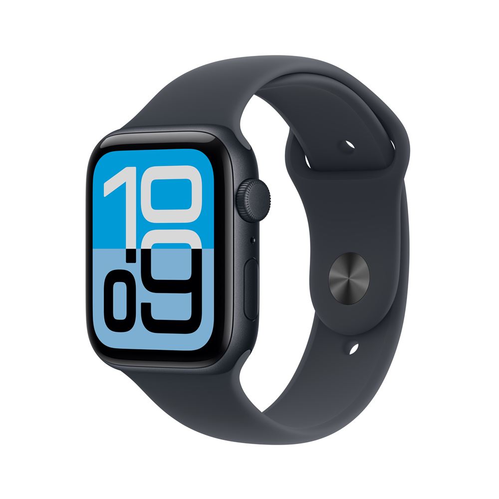 Die elegante apple watch se 3 im dunkelblauen Aluminiumgehäuse liegt mit geschlossenem Sportband auf einem modernen Holztisch.
