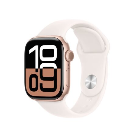 Die elegante roségoldene apple watch series 10 mit 42mm Gehäuse und einem rosa Sportband liegt auf einer hellen Oberfläche.