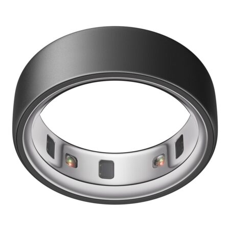 Der elegante graue oura ring 4 in Größe 15 wird auf einer glänzenden Ladestation präsentiert.