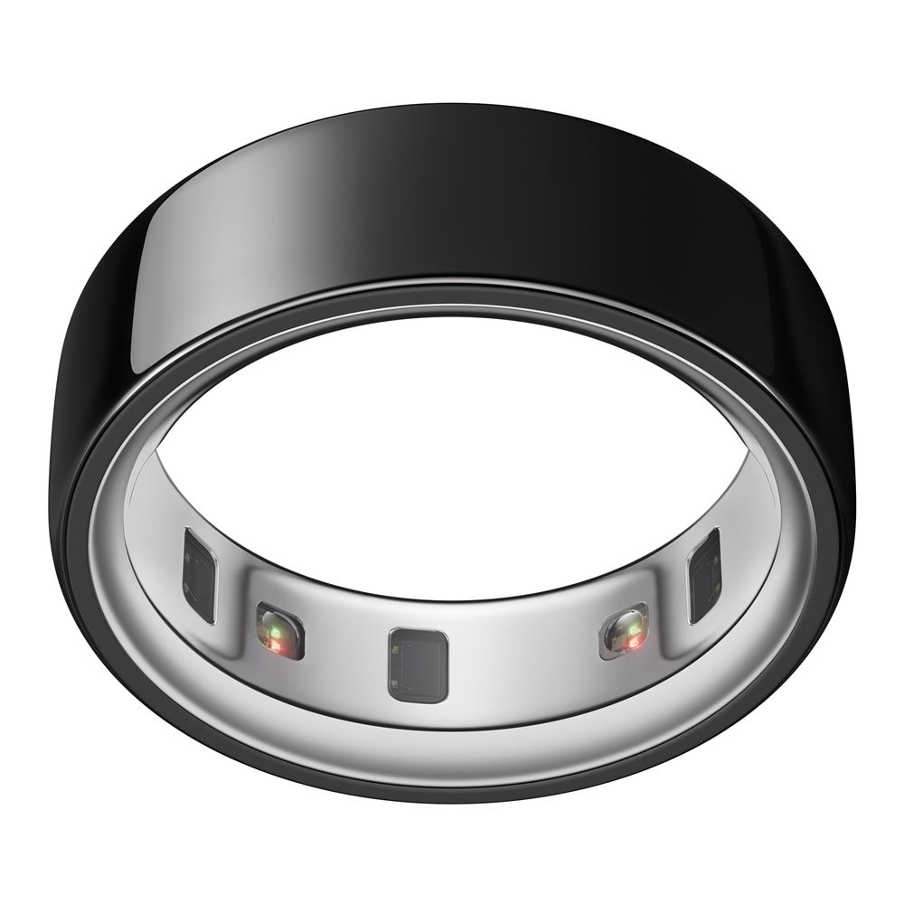 Der elegante schwarze oura ring 4 in Größe 10 wird auf einer glänzenden Ladestation präsentiert.