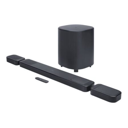 Jbl bar 1000 mk2 7.1.4 soundbar abnehmbare lautsprecher mit kabellosem Subwoofer und abnehmbaren Rear Lautsprechern im modernen Wohnzimmer setup
