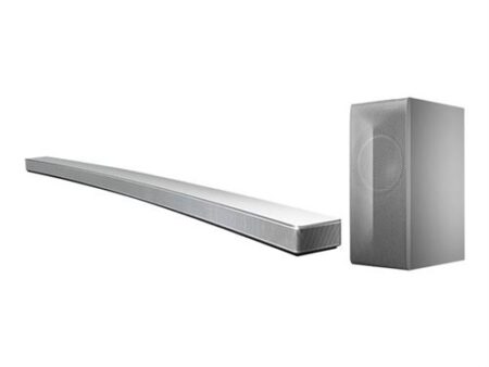 Lg las855m dolby atmos 4.1 soundbar silber kraftvoll mit geschwungenem Design und kabellosem Subwoofer im modernen Wohnzimmer Heimkino Setup