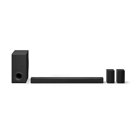 Lg s80tr dolby atmos 5.1.3 soundbar kino kraftvoll mit kabellosen Rear Speakern und Subwoofer im modernen Wohnzimmer Heimkino Setup