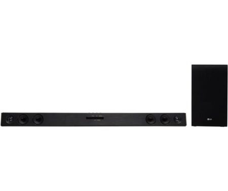 Lg sj3 2.1 bluetooth soundbar 300w kraftvoll mit kabellosem Subwoofer unter einem Fernseher im modernen Wohnzimmer Setup
