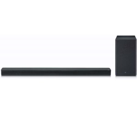 Lg sk8 dolby atmos 2.1 soundbar titan kraftvoll mit kabellosem Subwoofer unter einem Fernseher im modernen Wohnzimmer Heimkino Setup