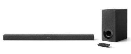 Kabellose soundbar denon dht-s416bke2 schwarz mit integriertem Subwoofer vor einem Fernseher im modernen Wohnzimmer