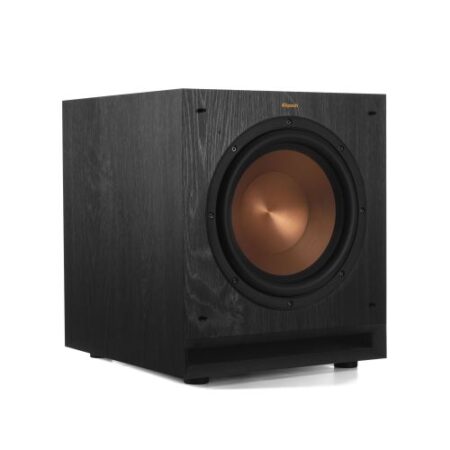 Klipsch SPL-100 aktiver subwoofer kraftvoll schwarz neben Heimkino Soundbar für tiefen Bass und präzises Klangbild